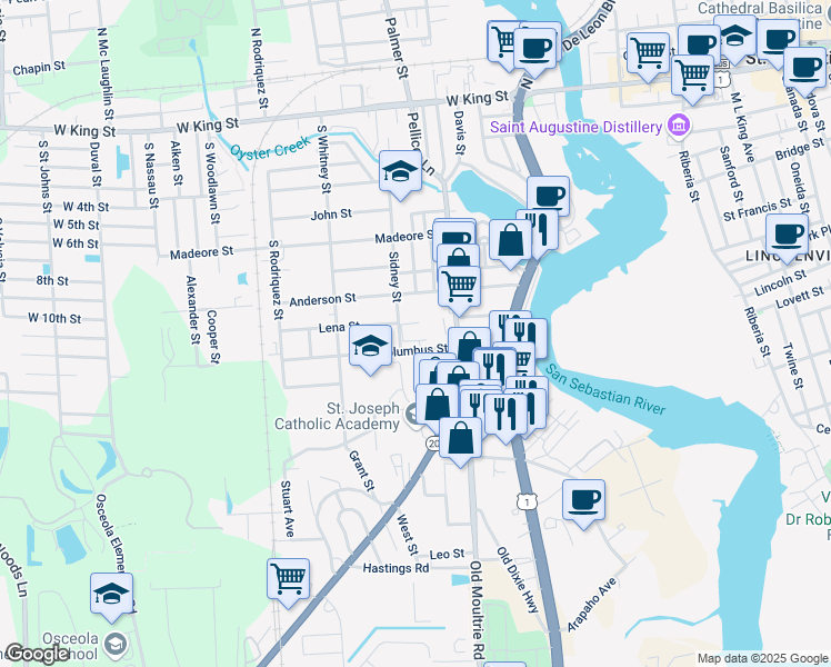 map of restaurants, bars, coffee shops, grocery stores, and more near 56 South Dixie Highway in St. Augustine