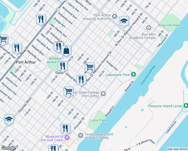 map of restaurants, bars, coffee shops, grocery stores, and more near 1700 West Rev Dr Ransom Howard Street in Port Arthur