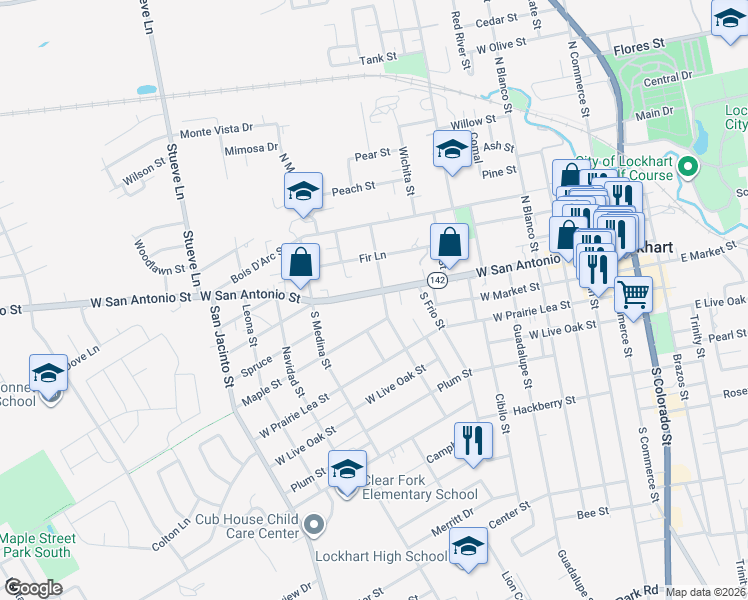 map of restaurants, bars, coffee shops, grocery stores, and more near 806 West San Antonio Street in Lockhart