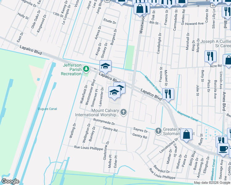 map of restaurants, bars, coffee shops, grocery stores, and more near Berger Rd in Marrero
