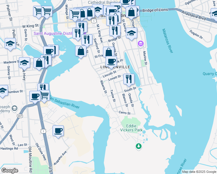 map of restaurants, bars, coffee shops, grocery stores, and more near 132 Twine Street in St. Augustine