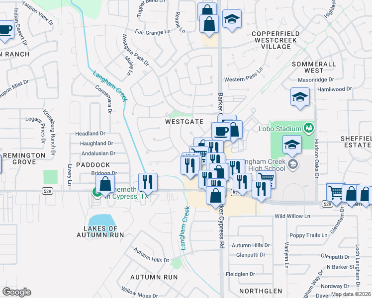 map of restaurants, bars, coffee shops, grocery stores, and more near 7203 Thornmeadow Lane in Cypress