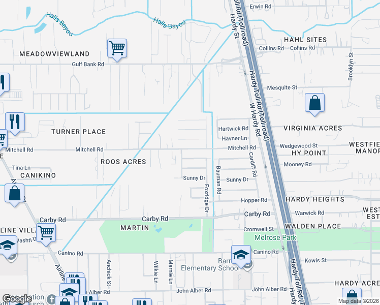map of restaurants, bars, coffee shops, grocery stores, and more near 1134 Mitchell Road in Houston