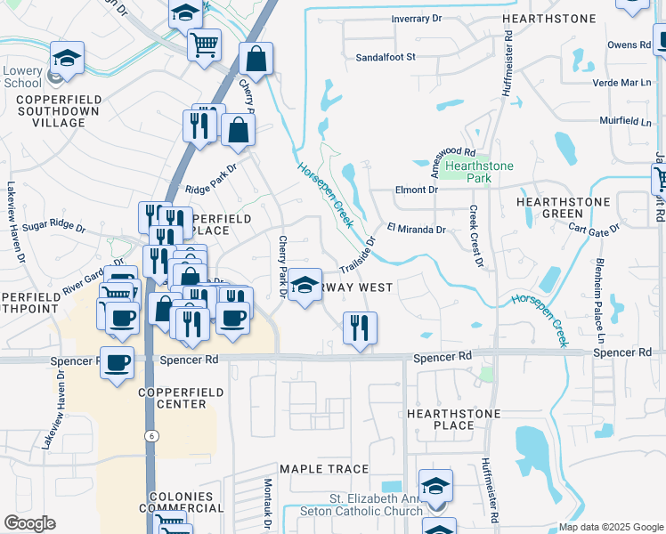 map of restaurants, bars, coffee shops, grocery stores, and more near 15134 Trailside Drive in Houston
