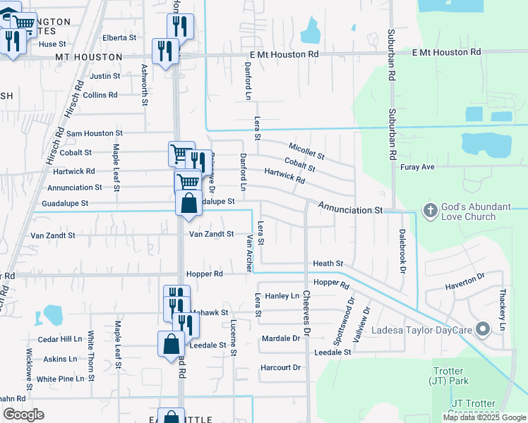 map of restaurants, bars, coffee shops, grocery stores, and more near 6303 Harmon Street in Houston