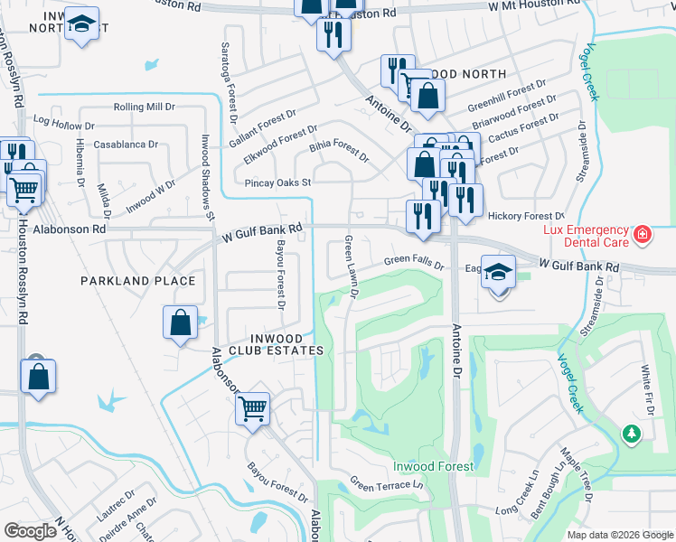 map of restaurants, bars, coffee shops, grocery stores, and more near 6010 Green Falls Dr in Houston
