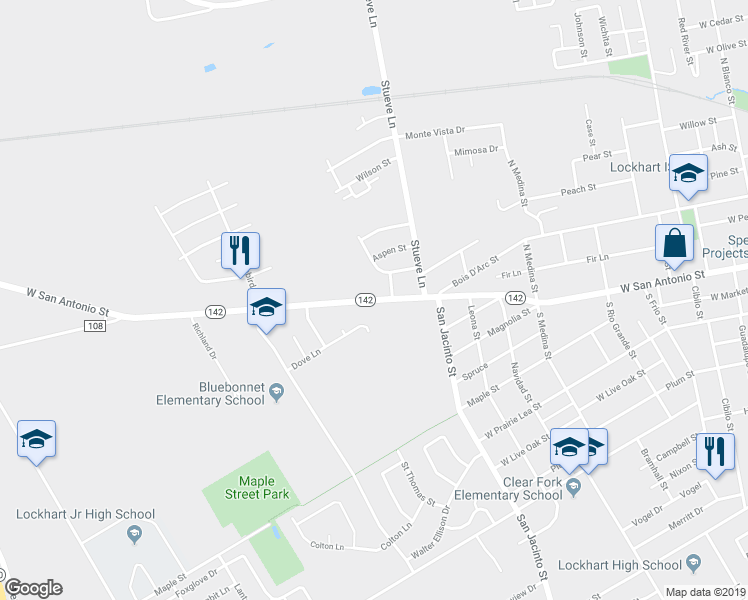 map of restaurants, bars, coffee shops, grocery stores, and more near 1400 West San Antonio Street in Lockhart