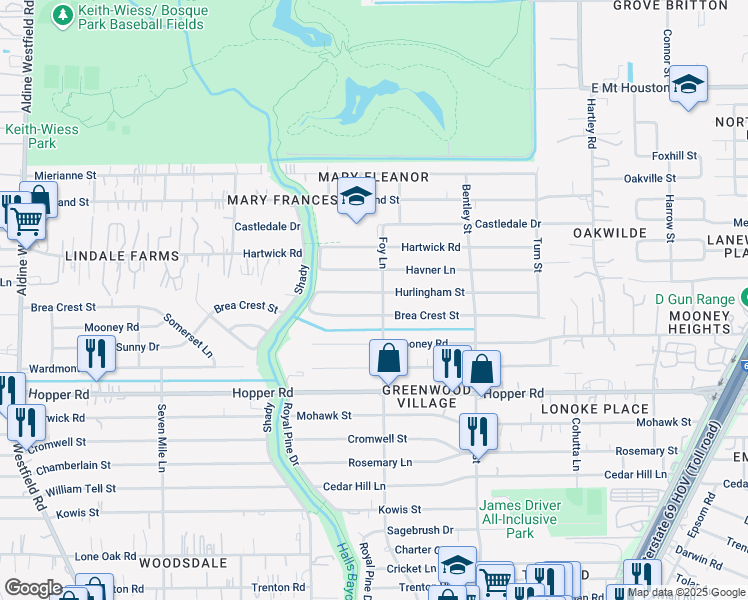 map of restaurants, bars, coffee shops, grocery stores, and more near 3014 Hurlingham Street in Houston