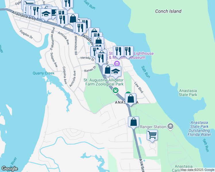 map of restaurants, bars, coffee shops, grocery stores, and more near 999 Anastasia Boulevard in St. Augustine