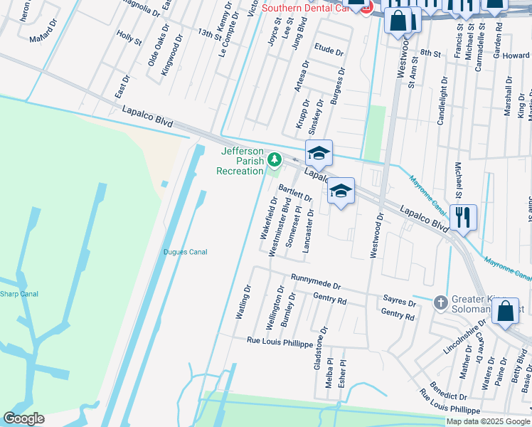 map of restaurants, bars, coffee shops, grocery stores, and more near 1533 Wakefield Drive in Marrero