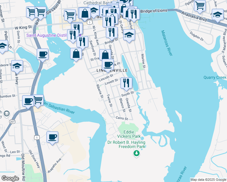 map of restaurants, bars, coffee shops, grocery stores, and more near 147 Martin Luther King Avenue in St. Augustine