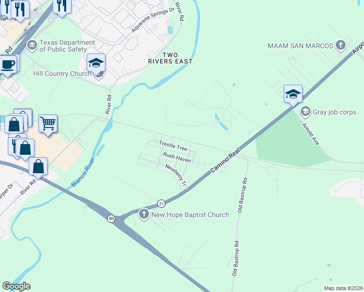map of restaurants, bars, coffee shops, grocery stores, and more near 232 Trestle Tree in San Marcos