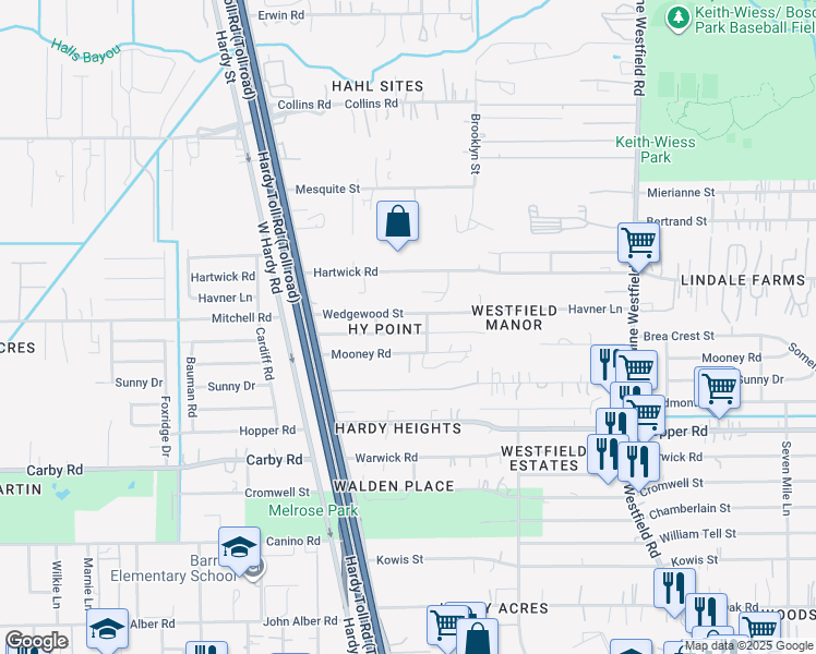 map of restaurants, bars, coffee shops, grocery stores, and more near 1527 Birchwood Street in Houston