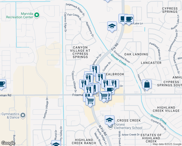 map of restaurants, bars, coffee shops, grocery stores, and more near 7122 Cypress Prairie Drive in Cypress