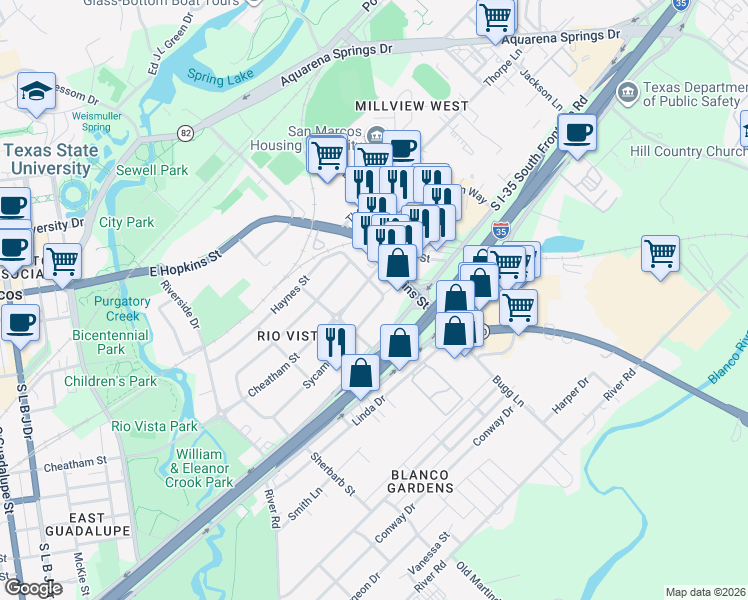 map of restaurants, bars, coffee shops, grocery stores, and more near 1119 Sycamore Street in San Marcos
