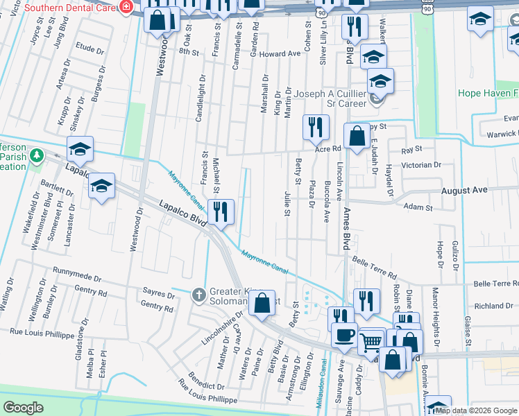 map of restaurants, bars, coffee shops, grocery stores, and more near 1540 Mansfield Drive in Marrero