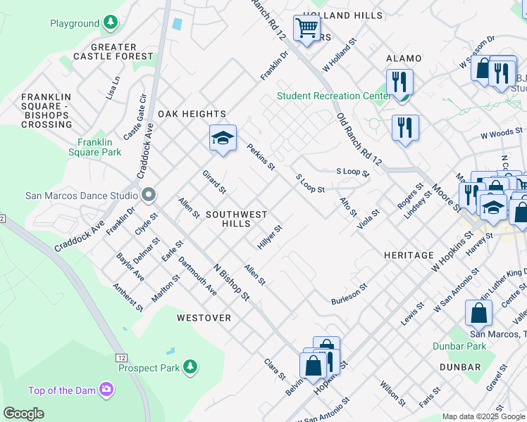 map of restaurants, bars, coffee shops, grocery stores, and more near 902 Hazelton Street in San Marcos