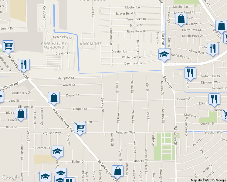 map of restaurants, bars, coffee shops, grocery stores, and more near 9601 Tower Street in Houston