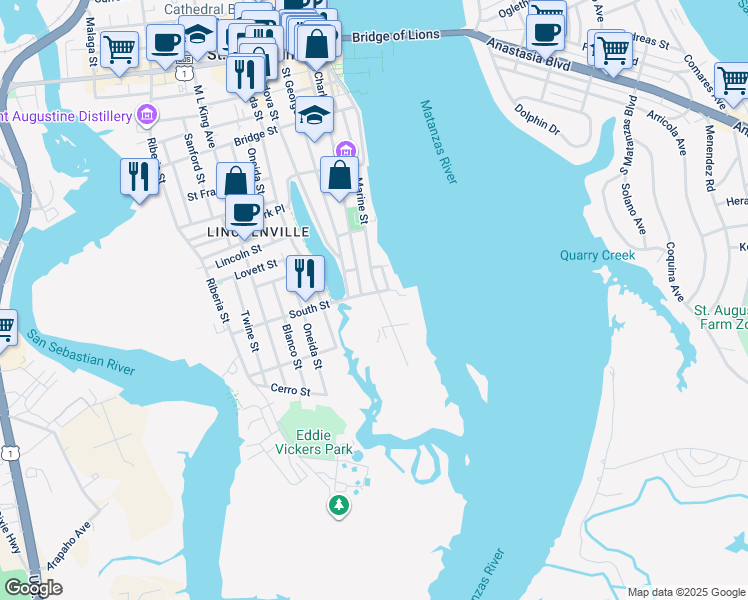 map of restaurants, bars, coffee shops, grocery stores, and more near 152 Marine Street in St. Augustine