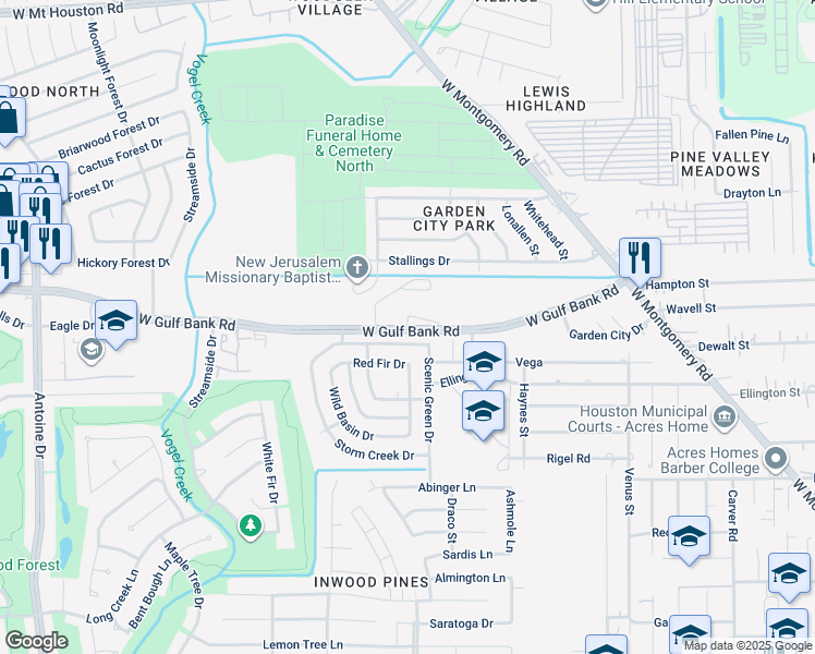 map of restaurants, bars, coffee shops, grocery stores, and more near West Gulf Bank Road in Houston