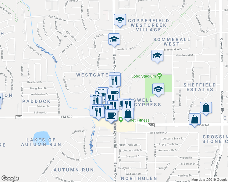 map of restaurants, bars, coffee shops, grocery stores, and more near 7213 Barker Cypress Road in Cypress