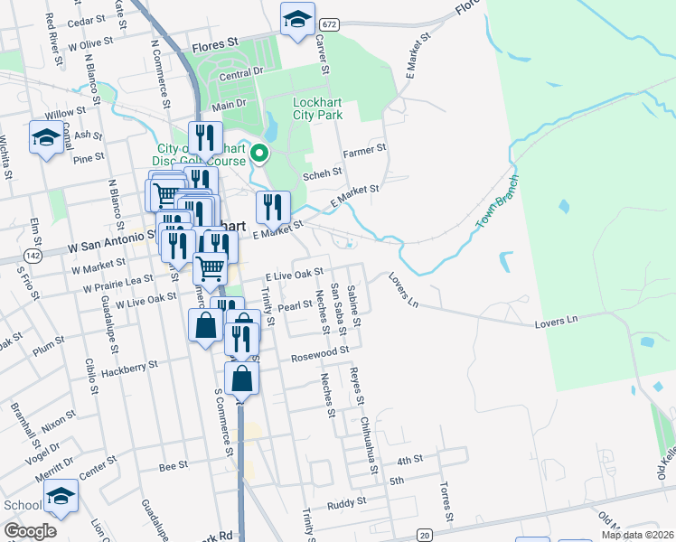 map of restaurants, bars, coffee shops, grocery stores, and more near 805 East Live Oak Street in Lockhart