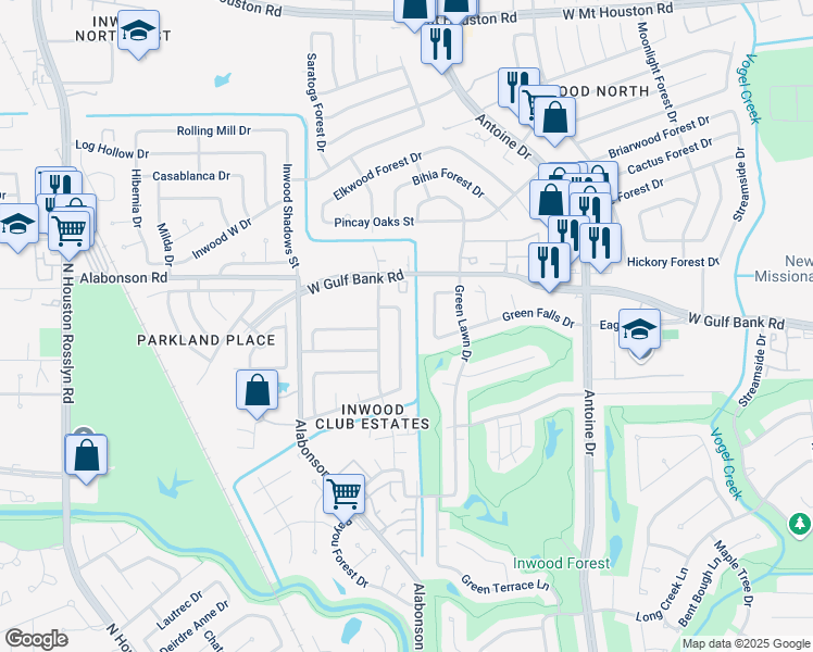 map of restaurants, bars, coffee shops, grocery stores, and more near 8014 Sunnyvale Forest Drive in Houston