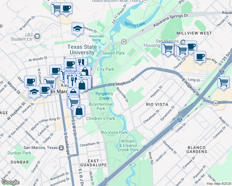 map of restaurants, bars, coffee shops, grocery stores, and more near 101 Riviera Drive in San Marcos