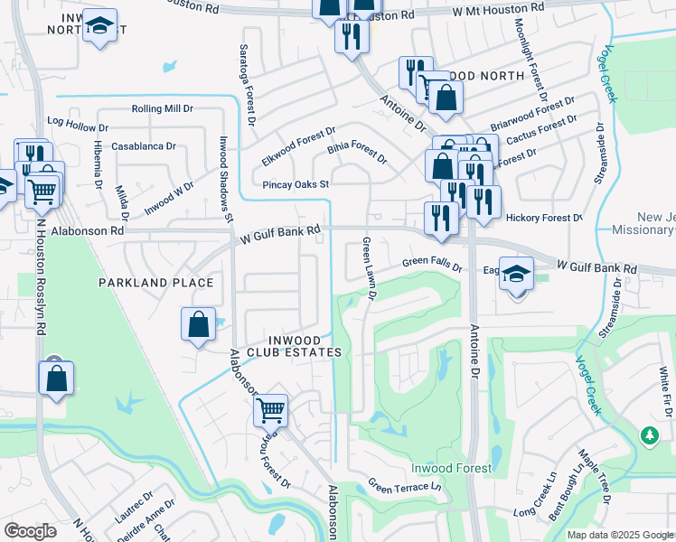 map of restaurants, bars, coffee shops, grocery stores, and more near 8014 Sunnyvale Forest Drive in Houston