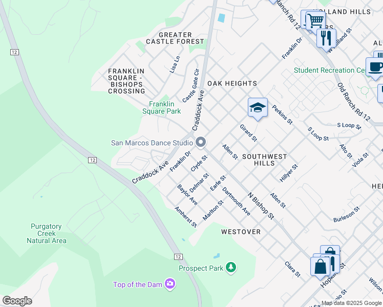 map of restaurants, bars, coffee shops, grocery stores, and more near 1410 Dartmouth Avenue in San Marcos