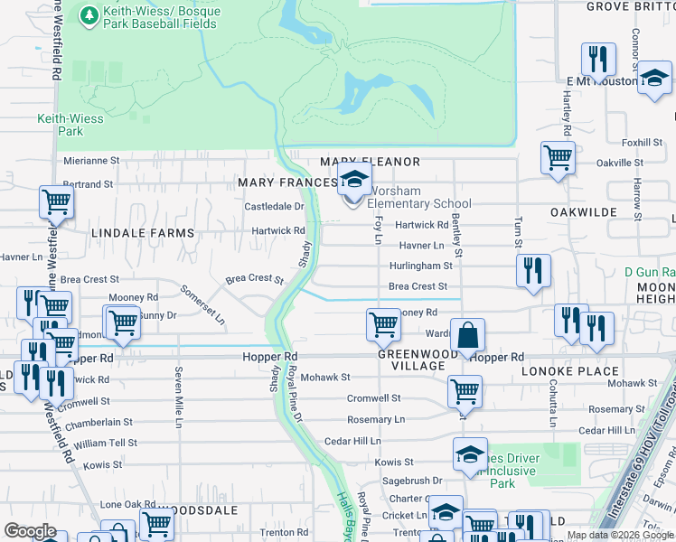 map of restaurants, bars, coffee shops, grocery stores, and more near 2902 Hurlingham Street in Houston