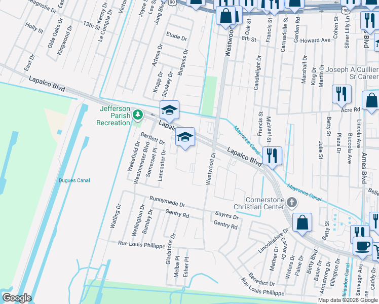 map of restaurants, bars, coffee shops, grocery stores, and more near Berger Rd in Marrero