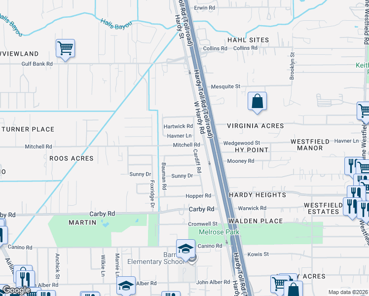 map of restaurants, bars, coffee shops, grocery stores, and more near 1258 Mitchell Road in Houston