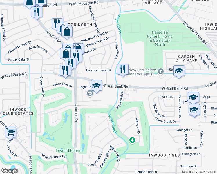 map of restaurants, bars, coffee shops, grocery stores, and more near 1 West Gulf Bank Road in Houston