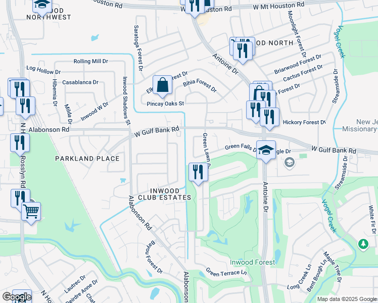 map of restaurants, bars, coffee shops, grocery stores, and more near 8014 Sunnyvale Forest Drive in Houston