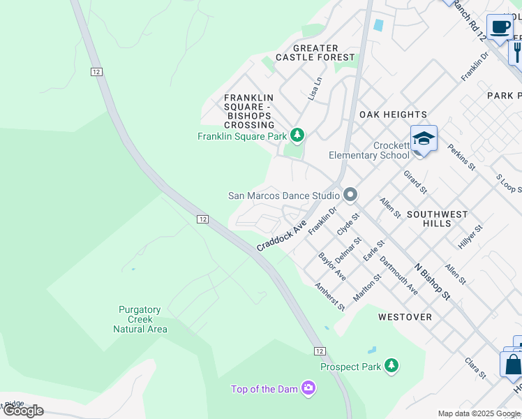 map of restaurants, bars, coffee shops, grocery stores, and more near 1415 Craddock Avenue in San Marcos