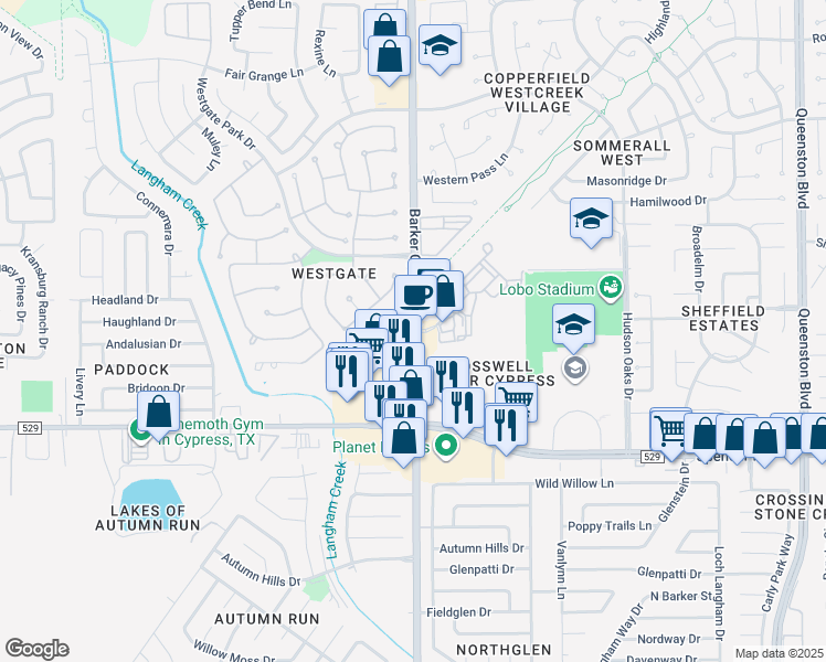 map of restaurants, bars, coffee shops, grocery stores, and more near 7215 Barker Cypress Road in Cypress