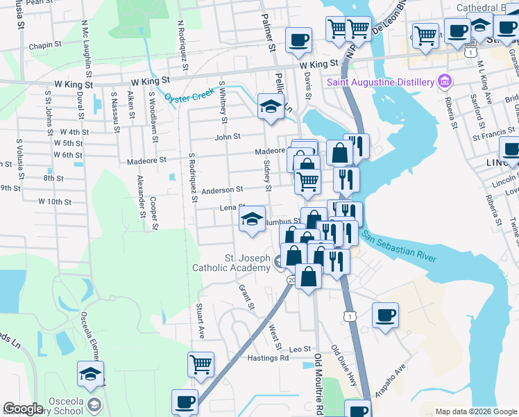 map of restaurants, bars, coffee shops, grocery stores, and more near 347 Lena Street in St. Augustine