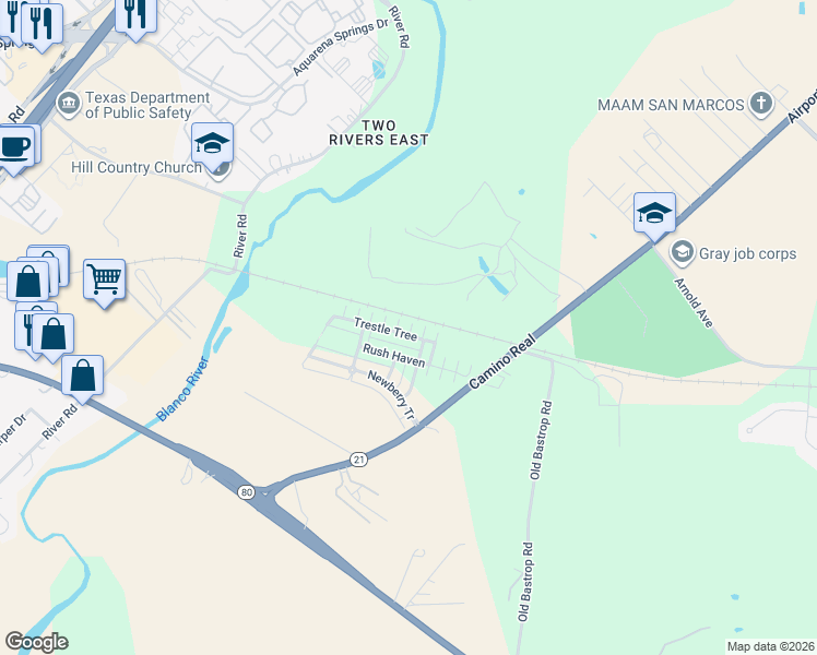 map of restaurants, bars, coffee shops, grocery stores, and more near 224 Trestle Tree in San Marcos