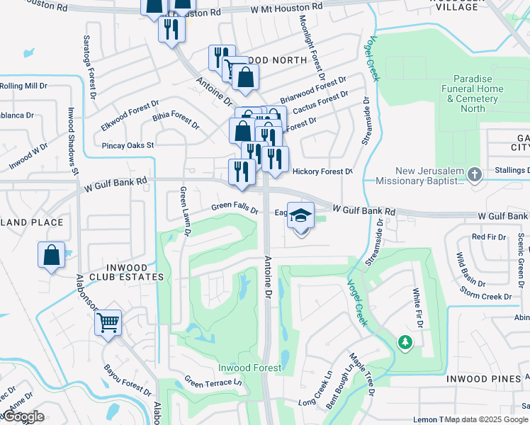 map of restaurants, bars, coffee shops, grocery stores, and more near Antoine Drive in Houston