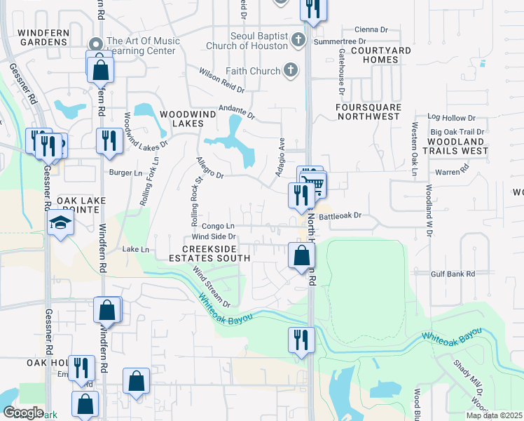 map of restaurants, bars, coffee shops, grocery stores, and more near 8726 Congo Lane in Houston