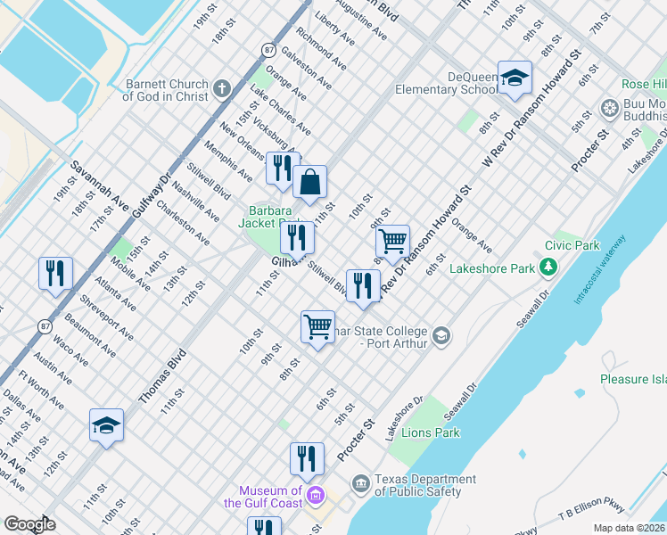 map of restaurants, bars, coffee shops, grocery stores, and more near 1532 9th Street in Port Arthur