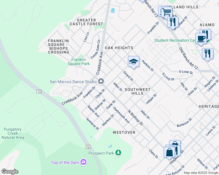 map of restaurants, bars, coffee shops, grocery stores, and more near 1308 N Bishop St in San Marcos