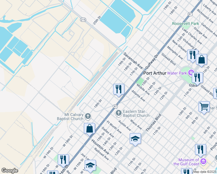 map of restaurants, bars, coffee shops, grocery stores, and more near 721 18th Street in Port Arthur