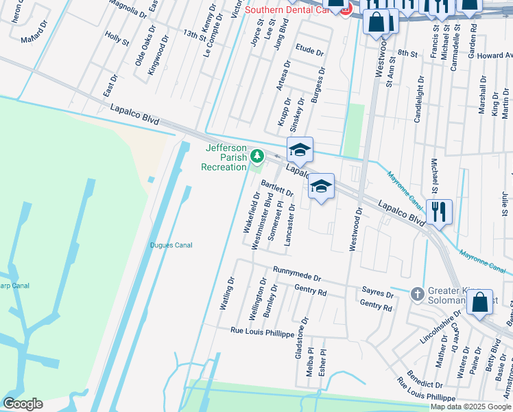 map of restaurants, bars, coffee shops, grocery stores, and more near 1533 Wakefield Drive in Marrero
