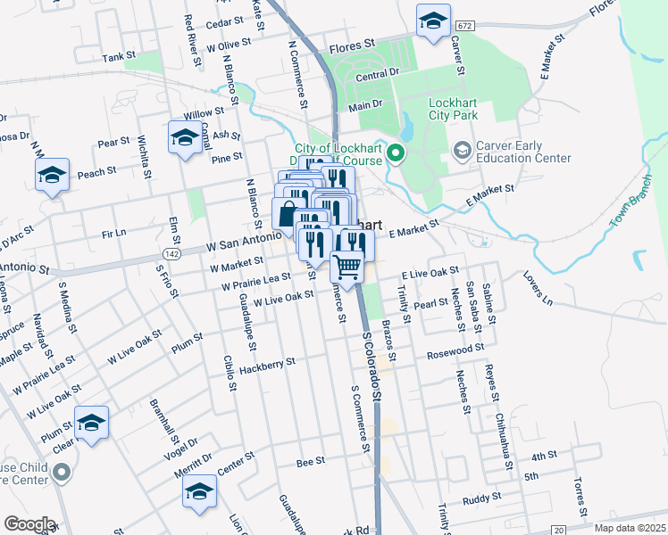 map of restaurants, bars, coffee shops, grocery stores, and more near 202 East Prairie Lea Street in Lockhart