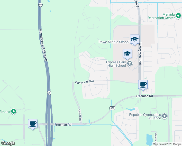 map of restaurants, bars, coffee shops, grocery stores, and more near Freeman Road in Cypress