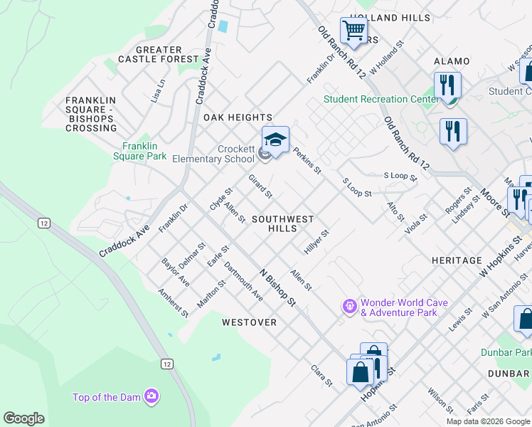 map of restaurants, bars, coffee shops, grocery stores, and more near 1015 Earle Street in San Marcos