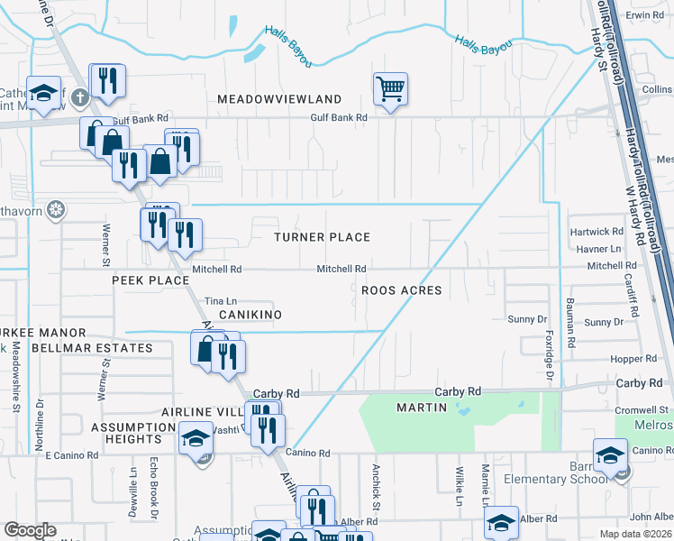 map of restaurants, bars, coffee shops, grocery stores, and more near 526a Mitchell Road in Houston