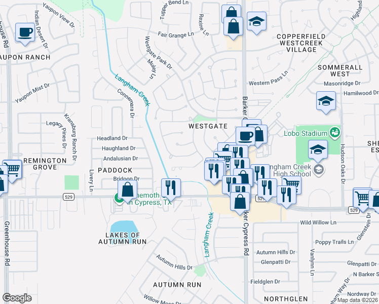 map of restaurants, bars, coffee shops, grocery stores, and more near 18214 Waverly Bend Lane in Cypress
